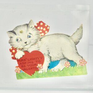 Vintage Valentine's Day Card White Cat Purr-Lightly Mechanical
